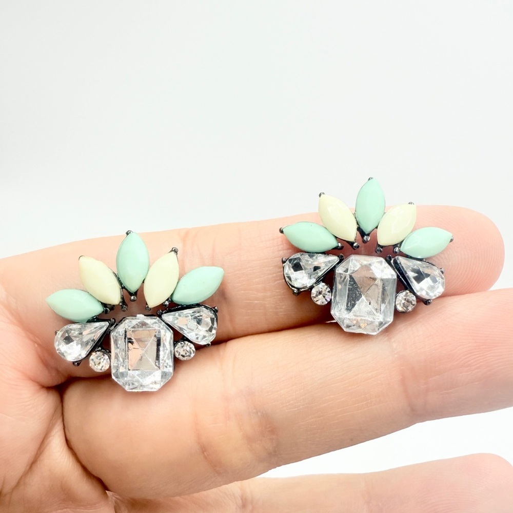 Mint Green & Clear Crystal Floral Stud Earrings